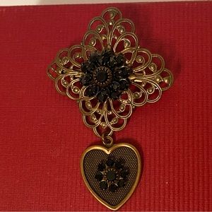 LIZ PALACIOS BROOCH PIN BRONZE FILIGREE DANGLING HEART BLACK CRYSTALS ART DECO